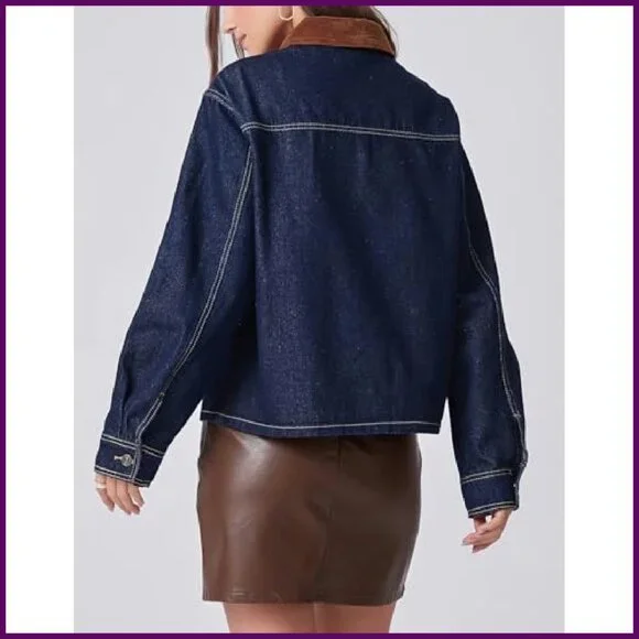 Vintage Denim Jacket with Corduroy Collar Loose Fit Button Down Shacket